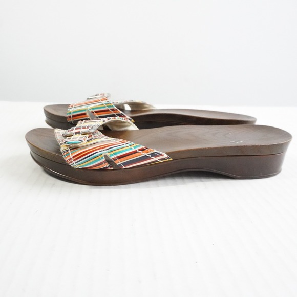 Dr Scholls Multi Color Striped Buckle Slide Sandals Wood Grain Sole Size 8 - Picture 4 of 9
